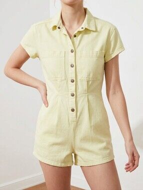BDG Lime Yellow Joey Short Sleeve Denim Romper Coveralls Size XS